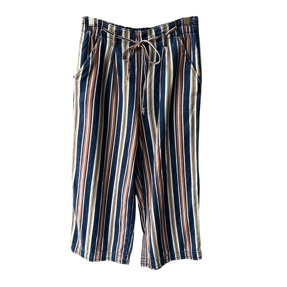 American Eagle Striped Wide Leg Pants Blue Tan Cotton Drawstring Size 6 Regular